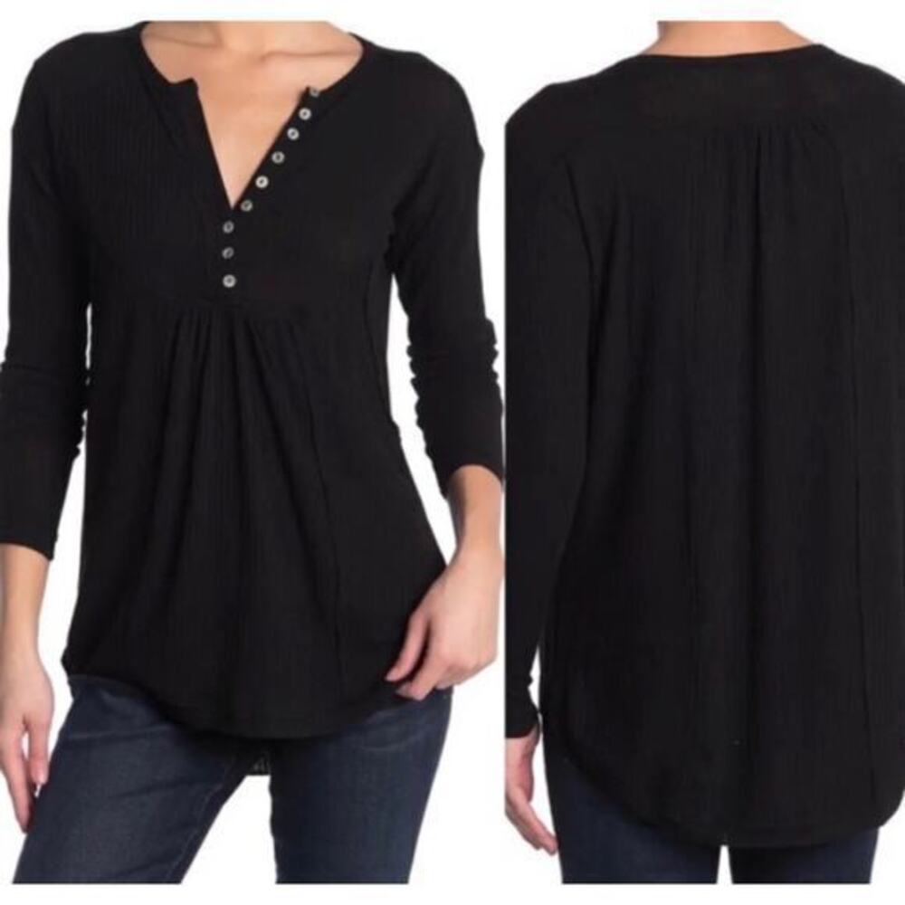 SWEET ROMEO Black Waffle knit v neck Henley stretchy boho Cottagecore NWT Sz S